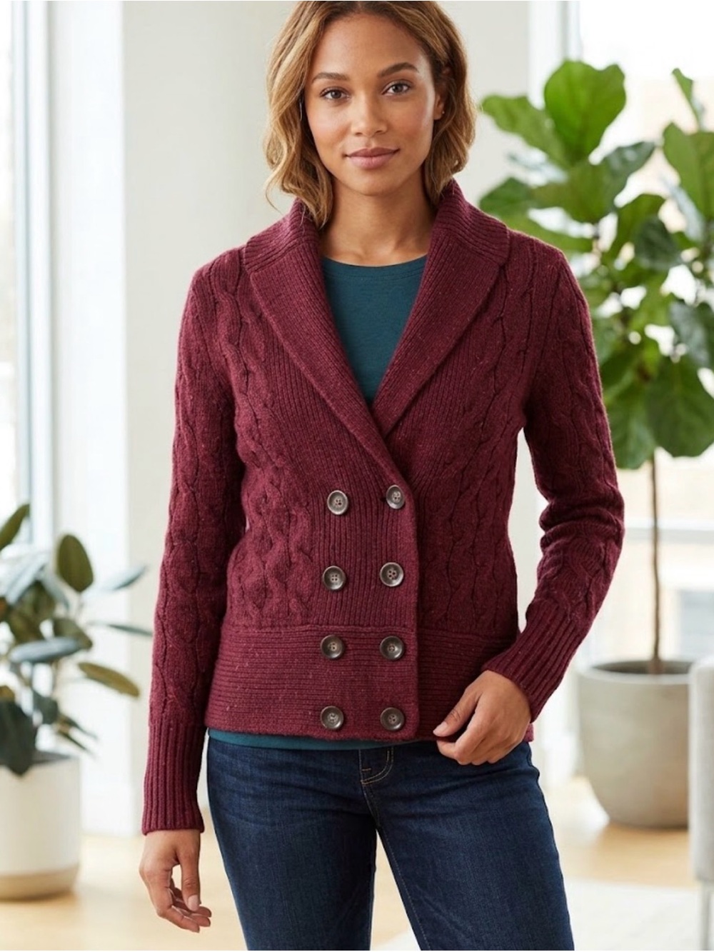 Eddie Bauer Double-Breasted Cable-Knit Shawl Collar Cardigan – Burgundy